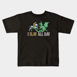 Slay All Day - Retro Knight and Dragon Design Kids T-Shirt